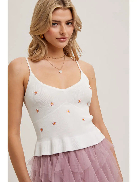 Bluivy | Ditsy Floral Embroidered Knit Cami Top | Ivory