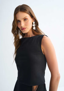 Lez a Lez | Minimal Fluted Cropped Tank Top With Round Neckline | Black | 3144E