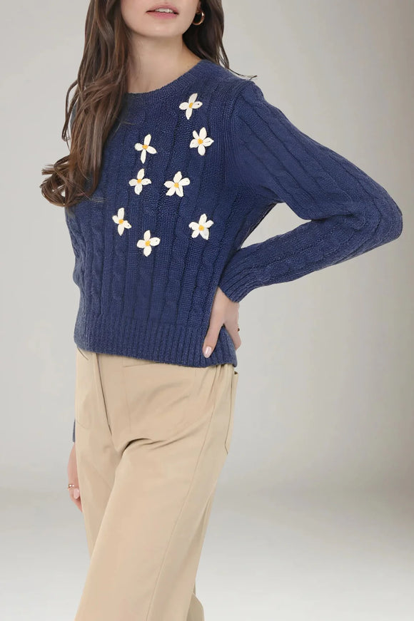Sadie & Sage | Lulu Embroidered Daisy Sweater | Navy Blue