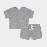 Petit Lem | Diggers Truck Print on Cement Grey Shorts Set
