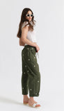 Daze Denim | The Villa Drawstring Barrel Leg Denim Pants | Bronze Green Daisy