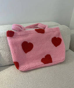 Brunette The Label | The "ALL OVER HEART" Sherpa Tote Bag | Baby Pink & Red
