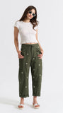 Daze Denim | The Villa Drawstring Barrel Leg Denim Pants | Bronze Green Daisy