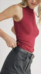 Sadie & Sage | Ronan Mock Neck Ruched Knit Tank | Berry Red | AG3212