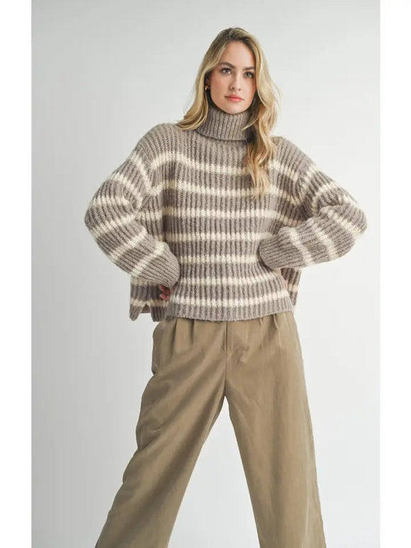 Sadie & Sage | Aki Turtleneck Striped Sweater | Ivory Moss | AG3420
