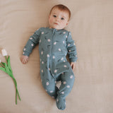 Petit Lem | Tulips Print on Sea Blue Ribbed Sleeper