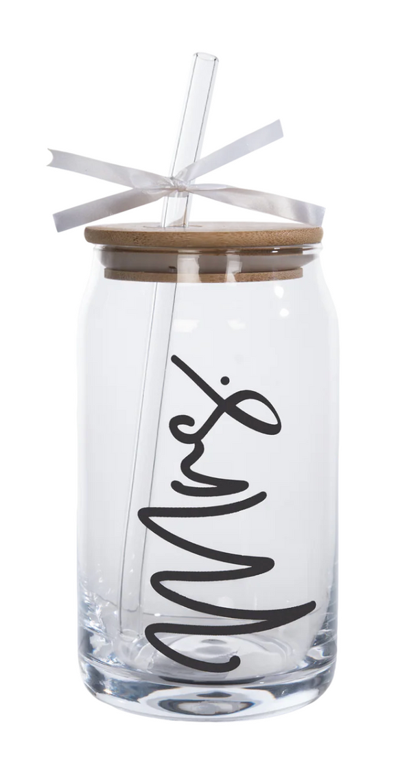 Totalee | Mrs Glass Cup with Lid & Straw
