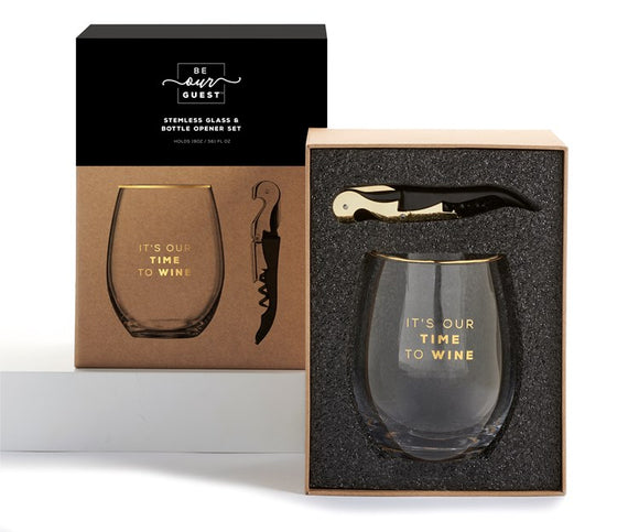 BE Our Guest Stemless Glass & Corkscrew Set